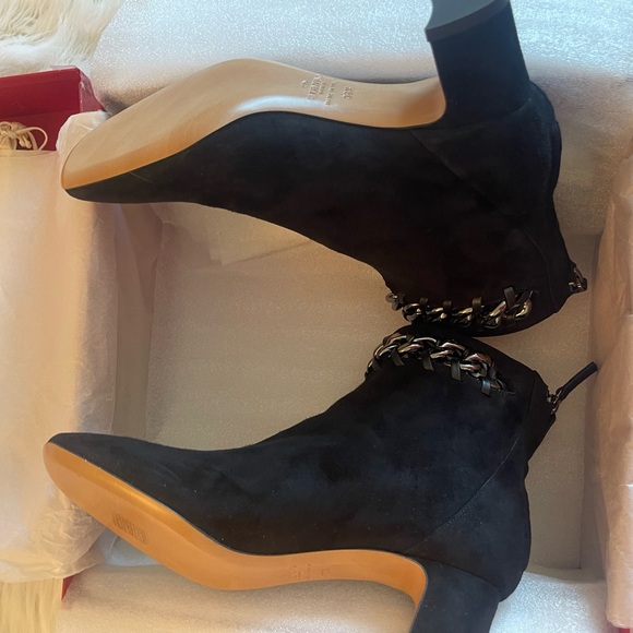 Valentino Garavani Black Suede Ankle Boots with Silver Chain Accent - Picture 2 of 10